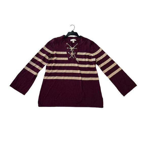 Micheal Kors Lace-Up Sweater Stripe Knit Pullover Metallic Burgundy Gold Size XL - Picture 3 of 6